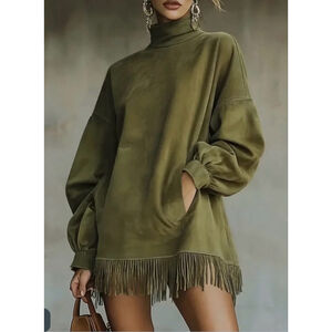 NEW Vegan Suede Tassel High Neck Loose Pocket Mini Dress M